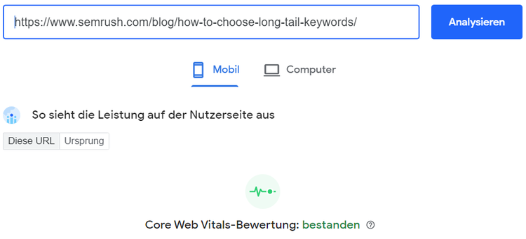 Screenshot: Core Web Vitals-Bewertung bestanden