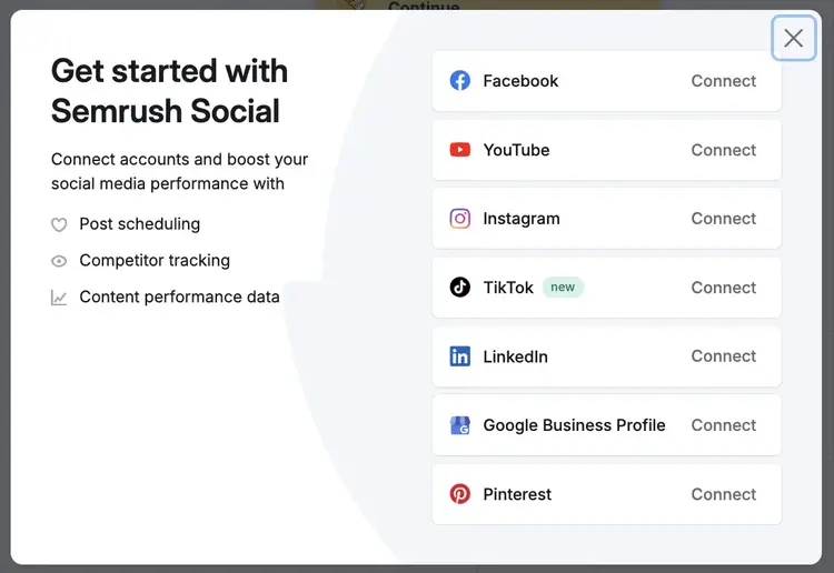 Semrush Social Verbindungs-Dialog mit 7 Social-Plattformen Connect Buttons