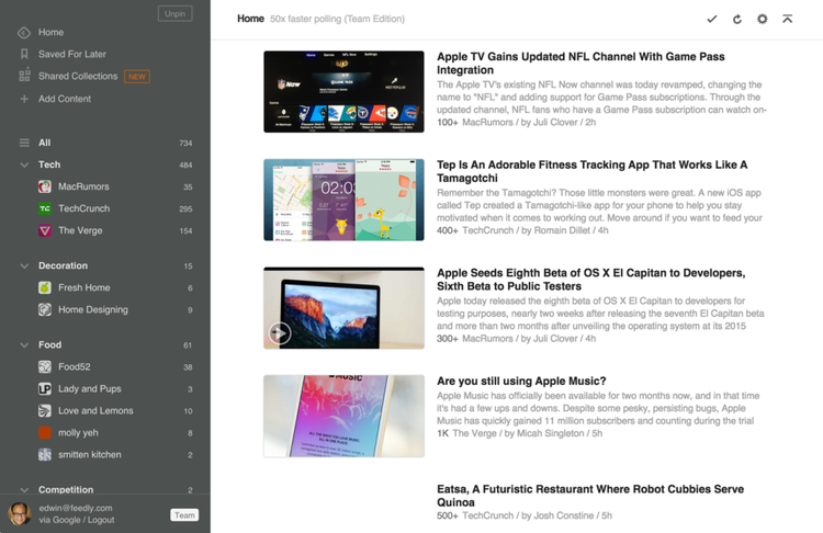 Feedly-Nachrichtenfeed mit Artikeln zu Apple und Technologie-Produkten