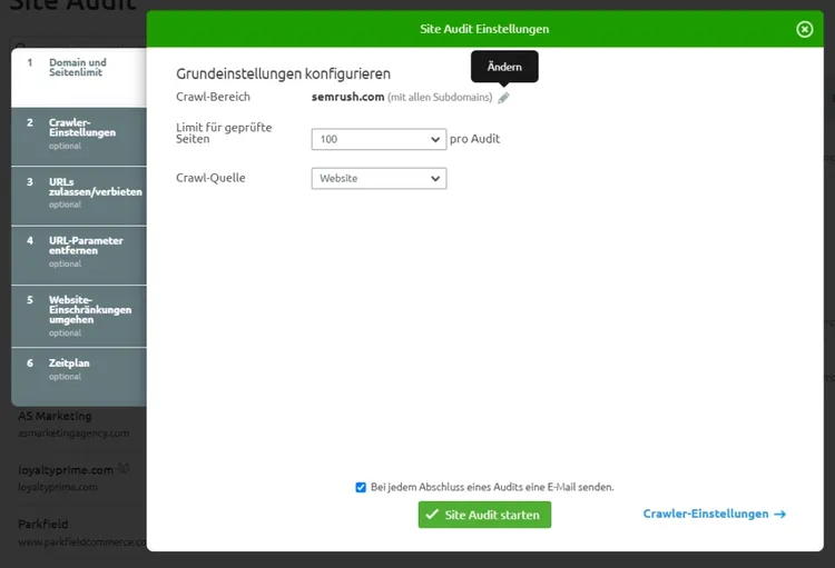 Site Audit Einstellungen für Grundkonfiguration mit Crawl-Bereich semrush.com