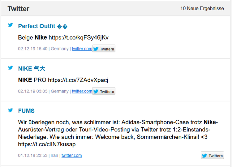 Talkwalker Alerts showing Twitter search results for Nike brand mentions
