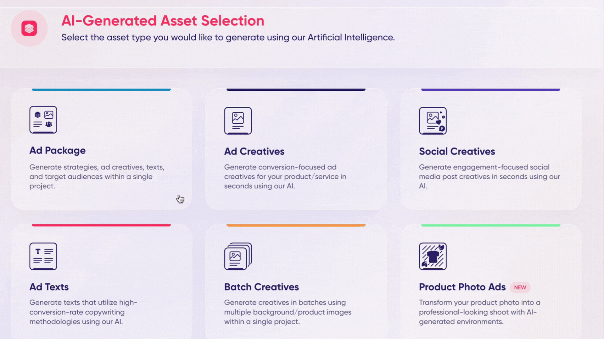 AdCreative.ai asset selection: ad packages, creatives, photo ads