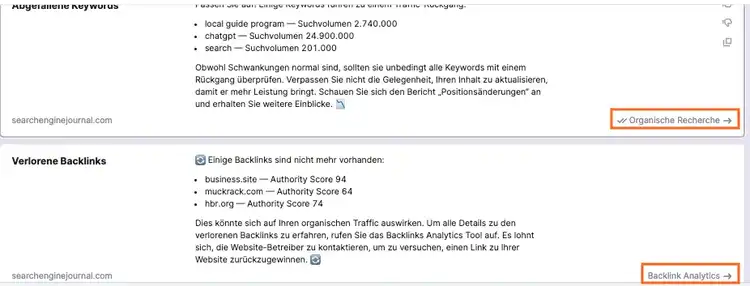 Copilot Empfehlungen: Keywords und Backlinks mit Links zu Organic Research und Analytics