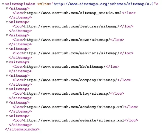 XML-Sitemap-Code mit Semrush Sitemap-URLs und Struktur