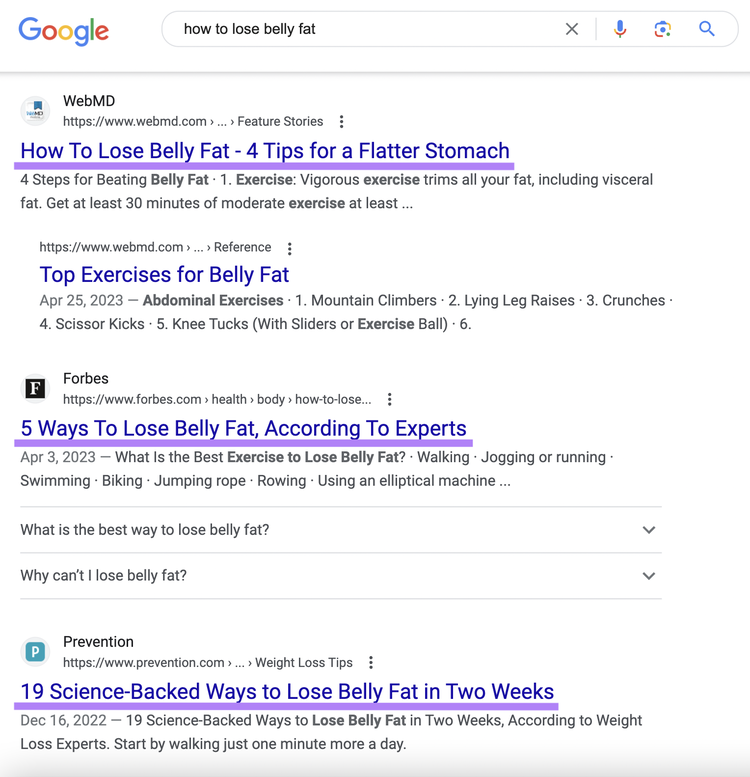 Google-Suchergebnisse für „how to lose belly fat“ (wie man Bauchfett verliert)