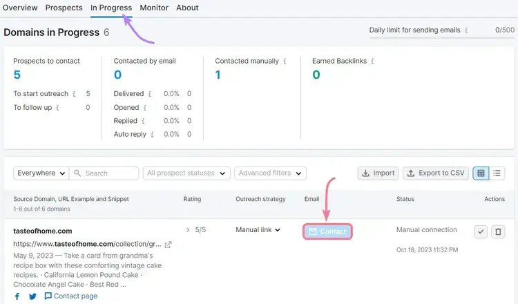 Im Reiter „Fortschritt“ ist ein Pfeil auf die Schaltfläche „Kontakt“ unter „Domains in der Fortschrittstabelle“ zu sehen.