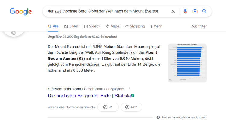 Google Search Result mit Featured Snippet: Zweithöchster Berg nach Everest