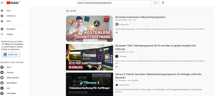 YouTube Suchergebnisse für Videobearbeitungssoftware mit Tutorial- und Produktvideos