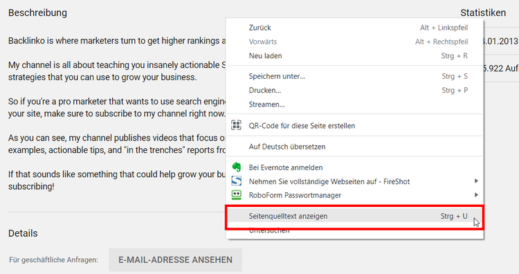 Screenshot: Seitenquelltext anzeigen