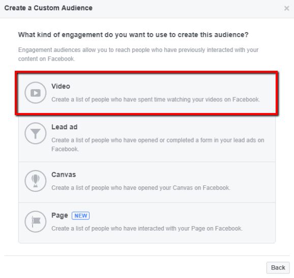 Facebook Custom Audience Dialog zeigt Video-Engagement-Optionen