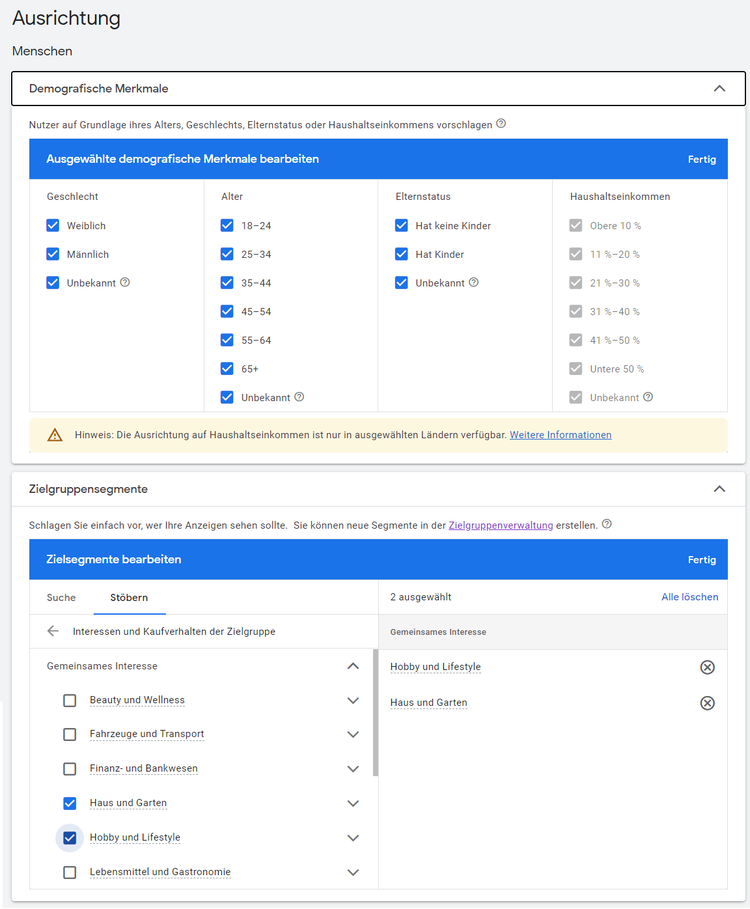 Google Ads Zielgruppen Tabelle mit demografischen Merkmalen und Altersgruppen