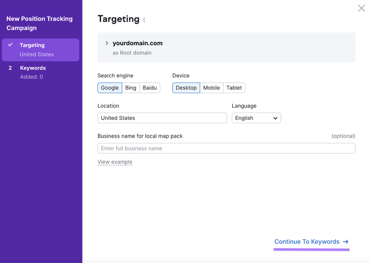 „Zielgruppen“-Abschnitt der Einstellungen des Position-Tracking-Tools