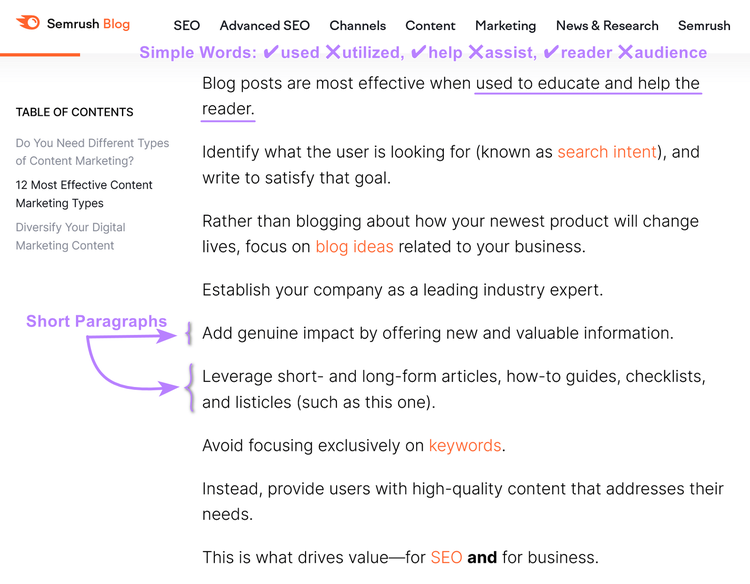Beispiel des Textinhalts aus dem Semrush-Blogbeitrag, das Einfachheit und kurze Absätze veranschaulicht