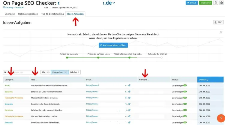 On Page SEO Checker tasks section with timeline and data