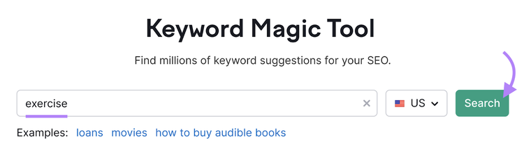 "Übung" in die Suchleiste des Keyword Magic Tools eingegeben