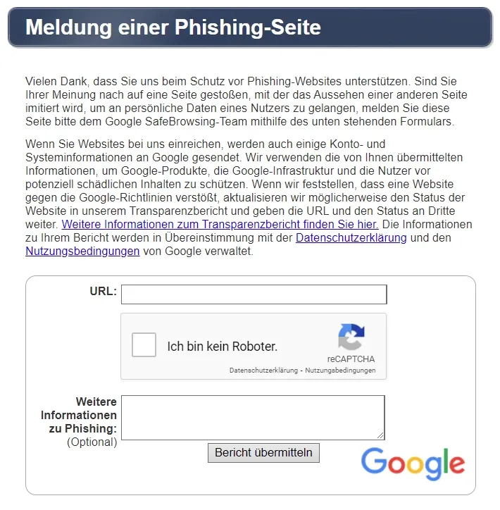 Phishing melden über Google Safe Browsing
