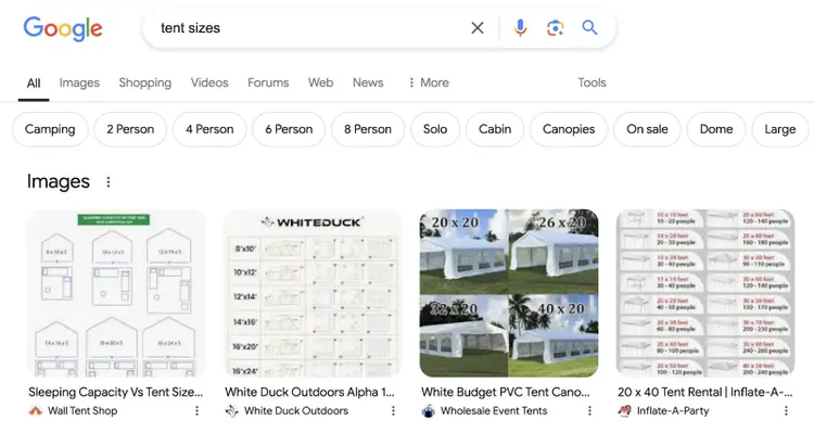 Oben auf der SERP zeigt ein Karussell Bilder zur Zeltgröße von verschiedenen Websites.