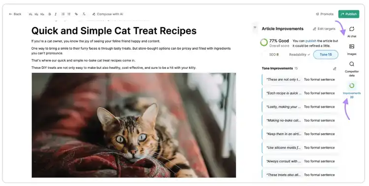 Bearbeiten des SEO-Artikels im Semrush Content Toolkit