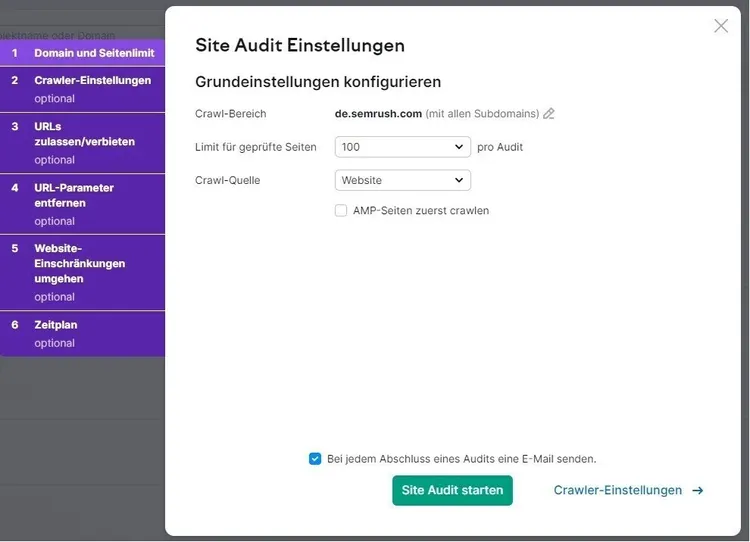 Site Audit Einstellungen