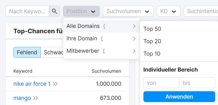 Keyword-Gap-Analyse mit Dropdown-Menü zeigt Top-Chancen für verschiedene Domain-Gruppen