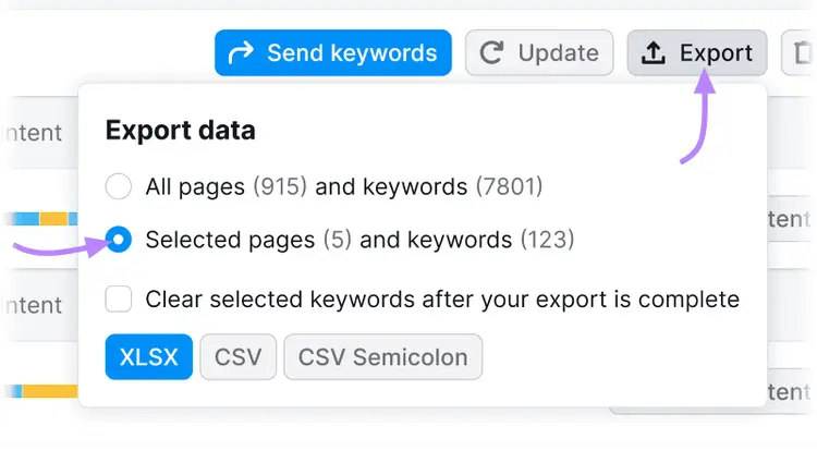 Dropdown-Menü „Exportieren“ unter „Seitendetails“ mit Optionen zum Exportieren von Daten, mit Schwerpunkt auf „Ausgewählte Seiten und Schlüsselwörter“.