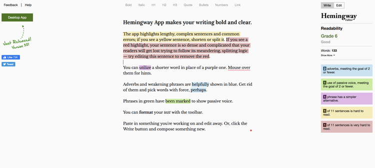 Hemingway app example