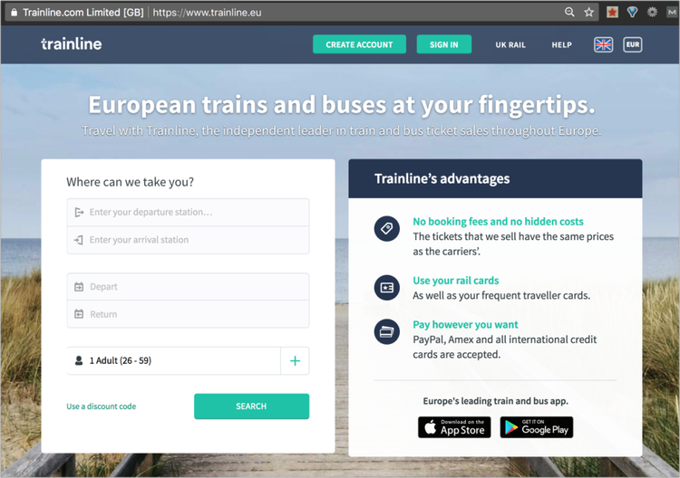 Trainline.eu für europäische Zug- und Busreisen-Buchungen