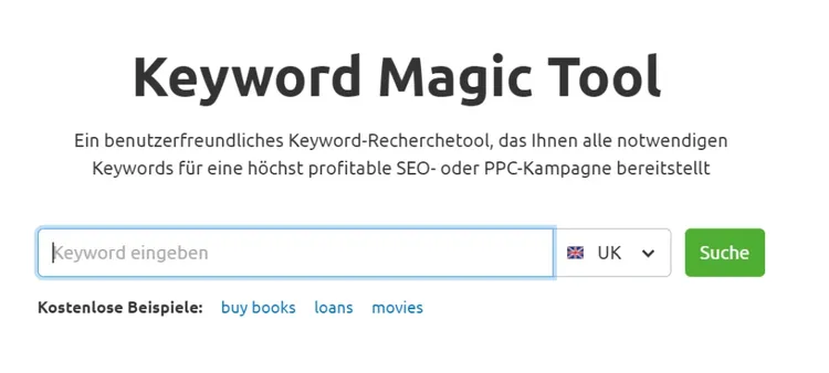 Semrush Keyword Magic Tool Landing Page mit Beispiel-Keywords