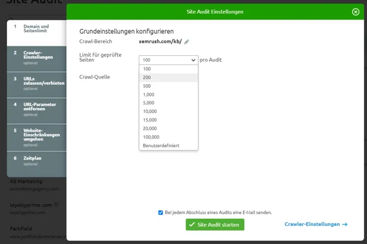 Crawl-Limit Dropdown-Menü mit Optionen von 100 bis 100.000 Seiten pro Audit