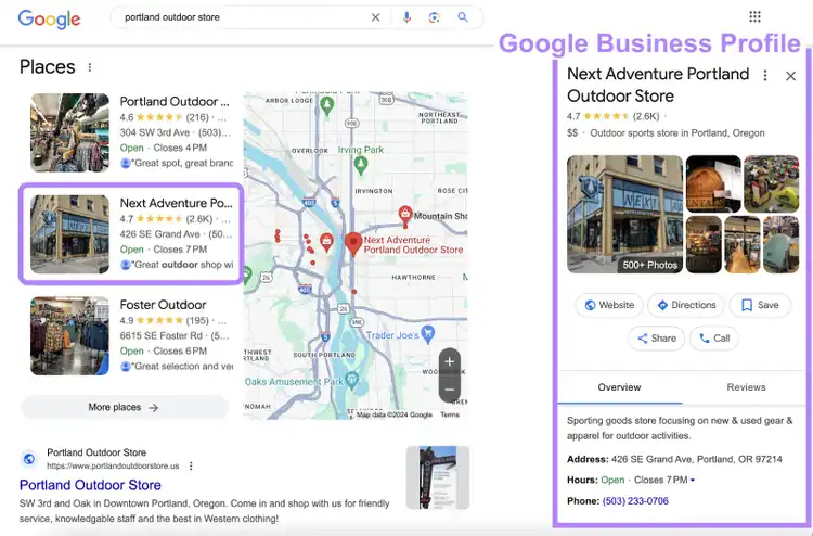 Ein „Standort“ ist ausgeklappt, sodass sein Google Unternehmensprofil angezeigt wird.