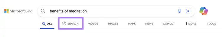 Der Tab „"Suche" “ erscheint oben in der Navigation der Suchergebnisseite.