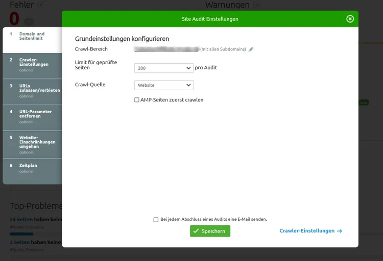 Site Audit Einstellungen: Grundeinstellungen konfigurieren mit Crawl-Parametern