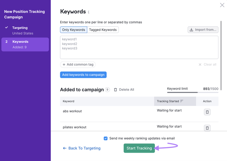 „Keywords“-Abschnitt der Einstellungen des Position-Tracking-Tools
