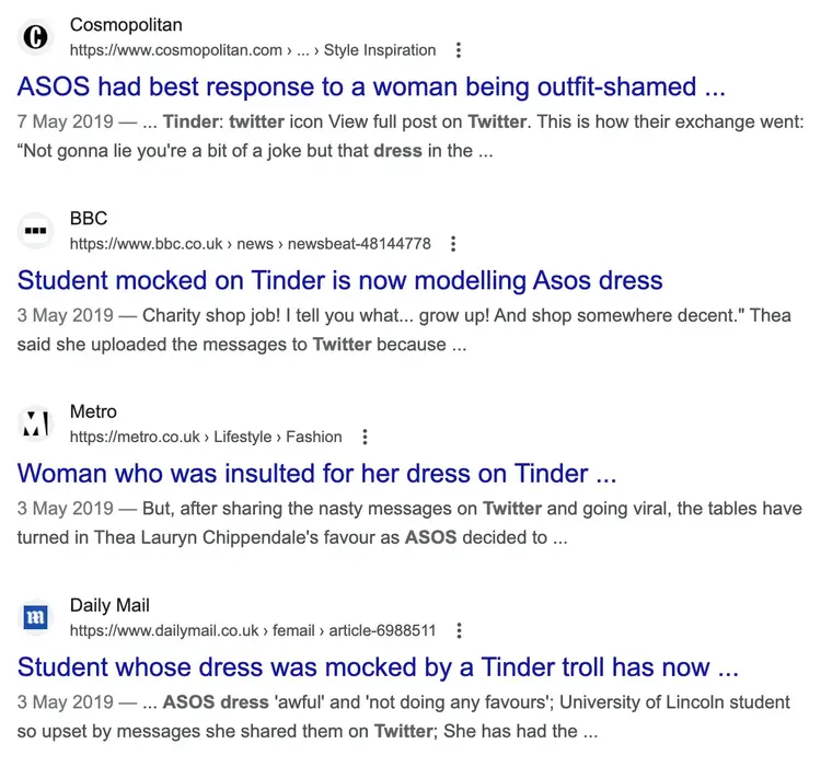 Google SERP mit Nachrichten über Thea und die ASOS-Geschichte