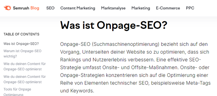 Blog article about Onpage SEO with table of contents