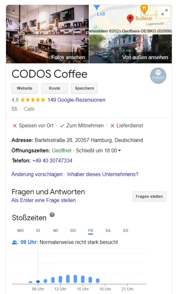 Ein Knowledge Panel stellt die wichtigsten Informationen zu deinem Business auf einen Blick dar.