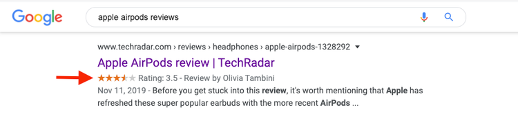 Google-Suchergebnis: Apple AirPods Test mit Sternbewertung