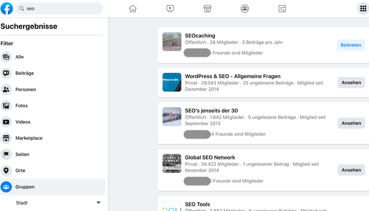 Suche nach Gruppen auf Facebook