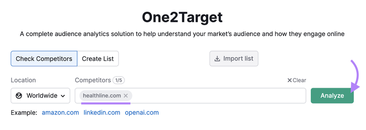 "healthline.com" in die Suchleiste des One2Target-Tools eingegeben