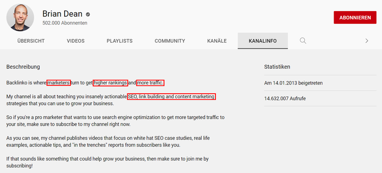 Screenshot: YouTube-Kanal-Beschreibung von Backlinko