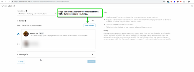 LinkedIn Anzeigenerstellung: Absender auswählen mit Tipps zur Vertriebsoptimierung