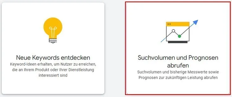Keyword Planner Optionen mit Icons für Erkennung und Volumen