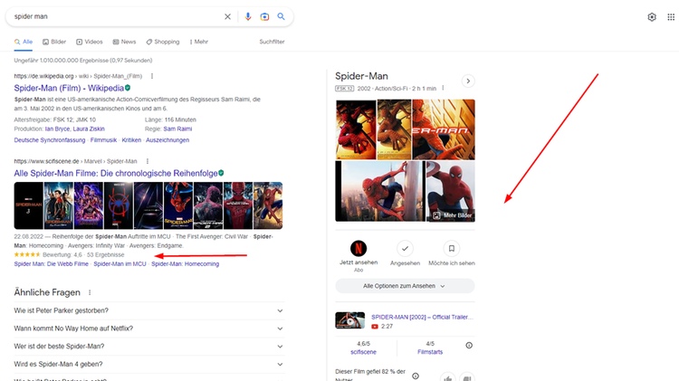 Google Search für Spider-Man mit Knowledge Graph und Filmen