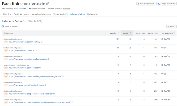 Weitere verlinkte Seiten mit Fehler in Ziel-URL