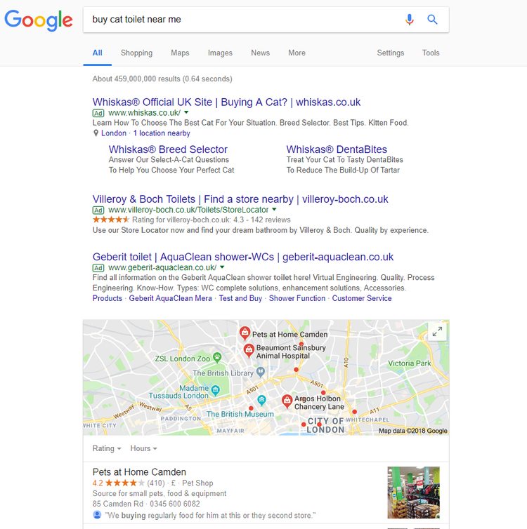 Search results for 'buy cat toilet near me' (In der englischen Version sind die Ergebnisse lokal kommerziell wie beschrieben. In der deutschen Fassung sieht es ein bisschen anders aus.