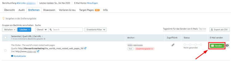 Anfrage versenden aus der Entfernen-Liste