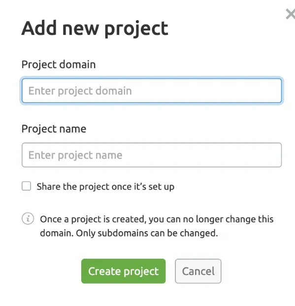Eingabedialog für neues Semrush-Projekt mit Domain- und Namensfeldern