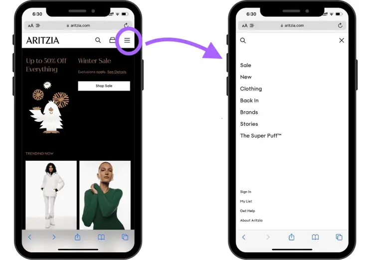 hamburger-Navigation auf einer mobilen Website geöffnet, die verschiedene Links anzeigt, auf die ein Benutzer klicken kann