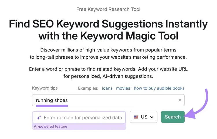 Das Keyword Magic Tool beginnt mit der Eingabe von „Laufschuhen“ und dem Klick auf „Suchen“.