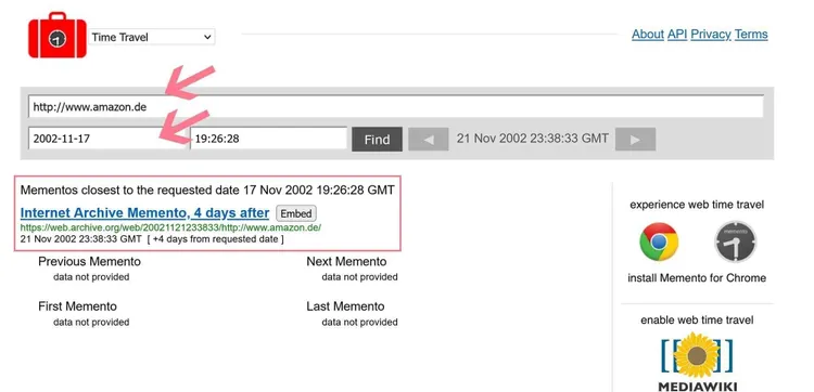 Die Zeitreisefunktion von Memento: URL und Zeitpunkt eingeben, dann zeigt die Meta-Suchmaschine relevante Versionen an